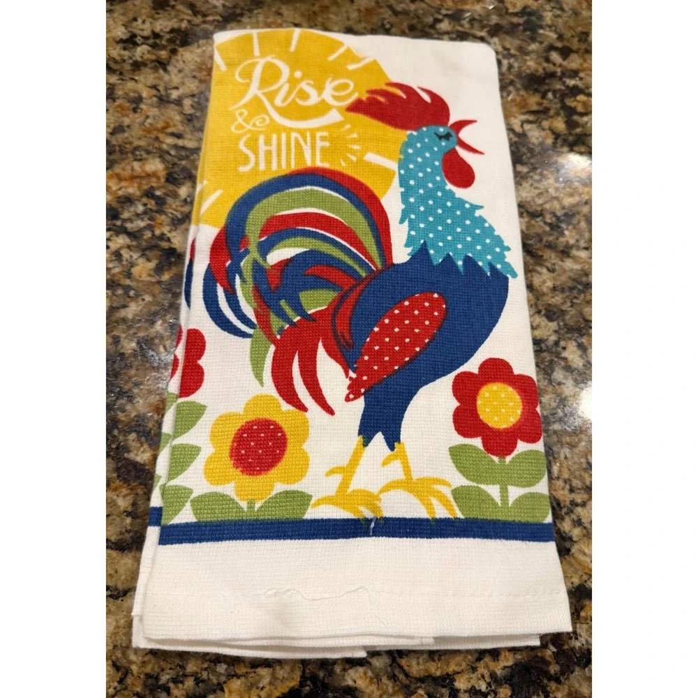 T-fal Kitchen Towels Multi Color Rise & Shine Rooster Chicken 2pc Set NEW